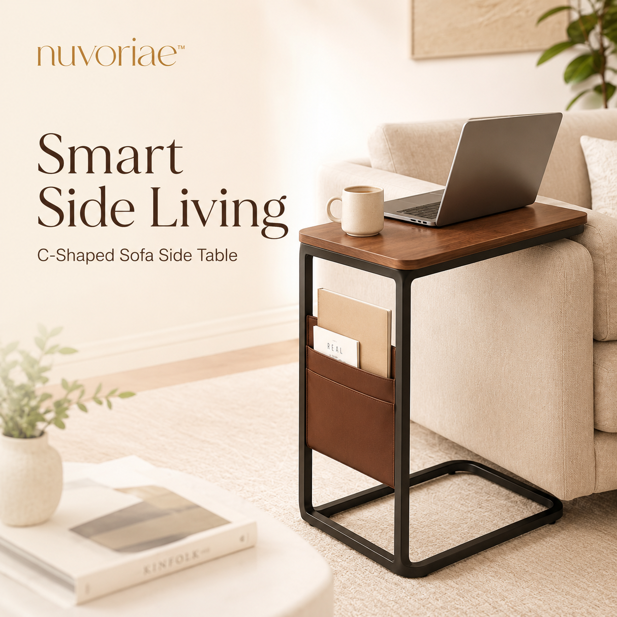 ππππππππβ’ Modern C-Shaped Sofa Side Table β Slim Laptop End Table with Storage Pocket