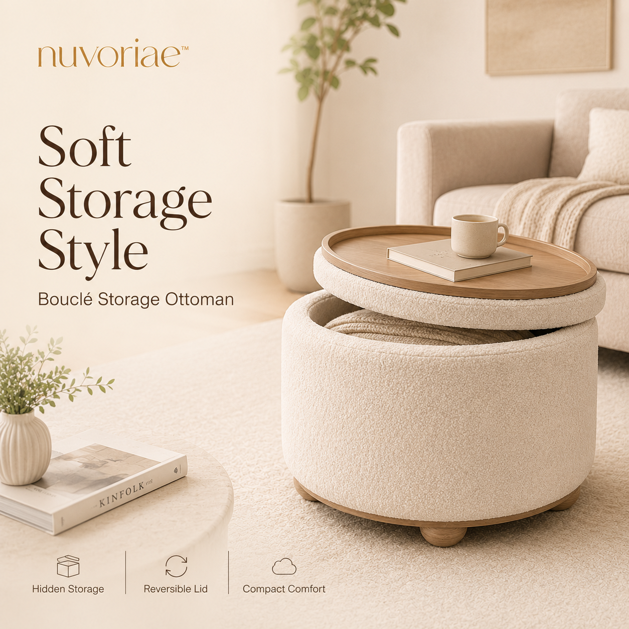 ππππππππβ’ Cozy BouclΓ© Storage Ottoman β Round Footrest with Reversible Tray Lid