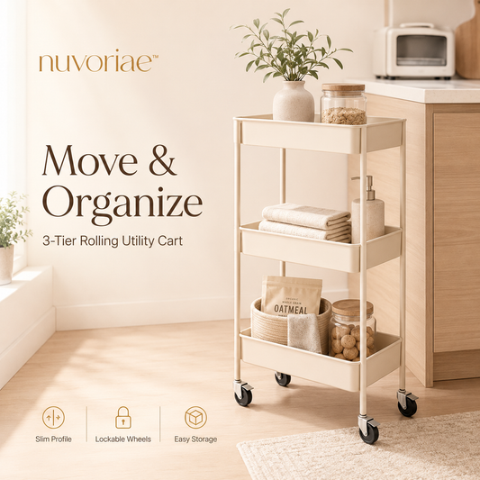 𝒏𝒖𝒗𝒐𝒓𝒊𝒂𝒆™ Slim 3-Tier Rolling Utility Cart – Mobile Storage Organizer with Lockable Wheels