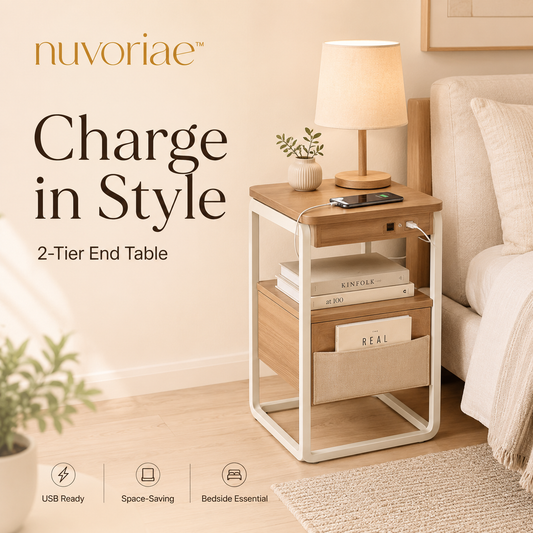 𝒏𝒖𝒗𝒐𝒓𝒊𝒂𝒆™ 2-Tier Charging Station End Table – Narrow Nightstand with USB Ports