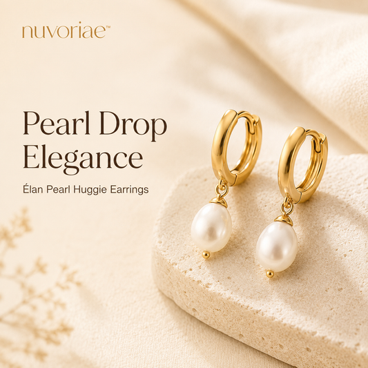 𝒏𝒖𝒗𝒐𝒓𝒊𝒂𝒆™ Élan Pearl Drop Huggie Hoop Earrings – Gold-Tone Pearl Earrings for Women