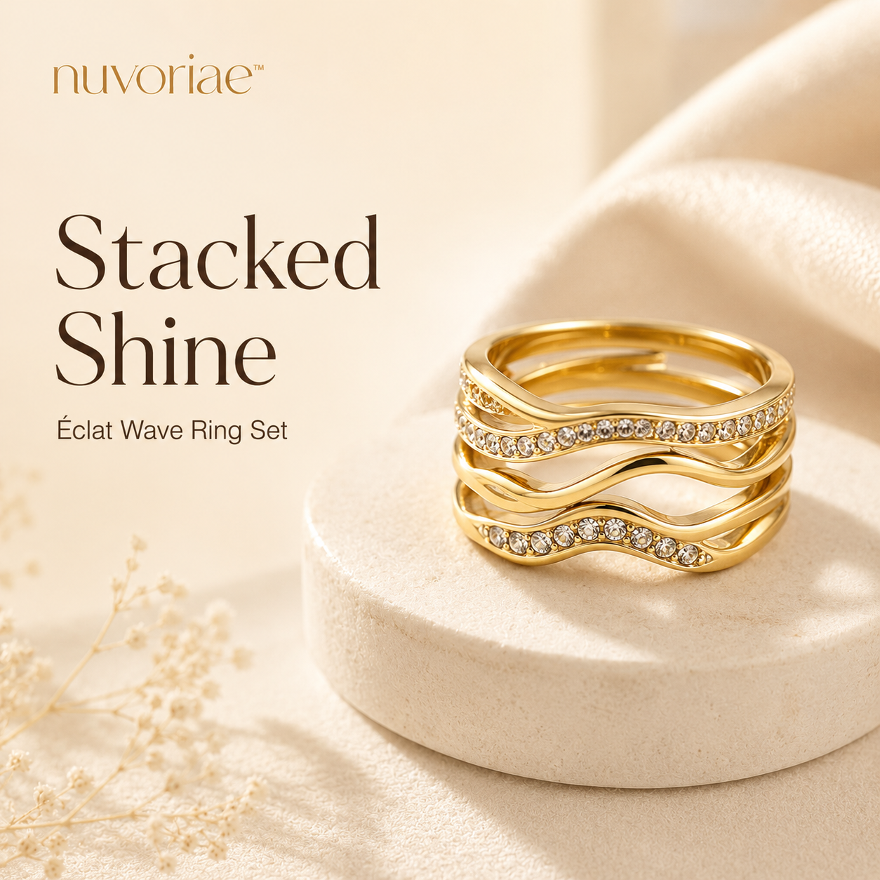 𝒏𝒖𝒗𝒐𝒓𝒊𝒂𝒆™ Éclat Crystal Wave Stack Ring Set – Gold-Plated Stackable Rings for Women